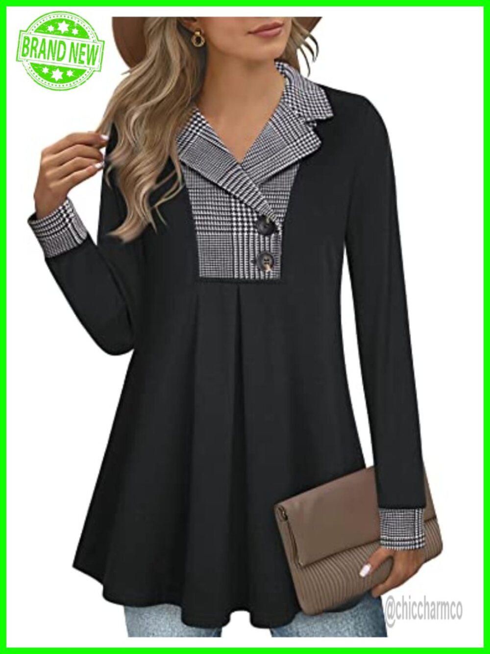 Women's Swing Tunic Notch Collar Button Long Sleeve Pullover Top